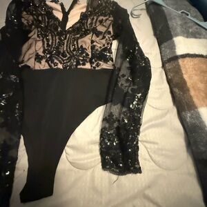 Vienne Milano Black and Tan Sequin Lace Bodysuit